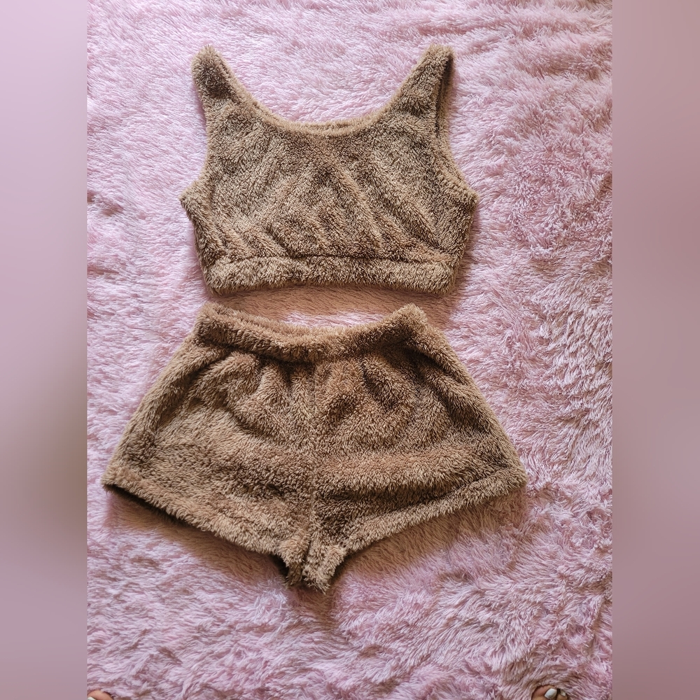 Shein fluffy knit flannel tank top with shorts lounge set